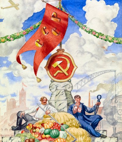 ""Obrero y agricultor unidos bajo la bandera comunista"" Cartel de propaganda de Boris Michaylovich Kustodiev (1878-1927) 1923 Dim 27x23 cm Colección privada de Boris Mikhailovich Kustodiev