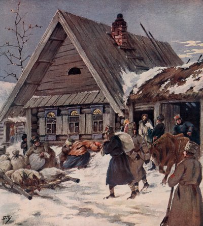 Soldados del Ejército Rojo llevando a cabo una requisa armada en un pueblo, Guerra Civil Rusa de Boris Vasilievich Zvorykin