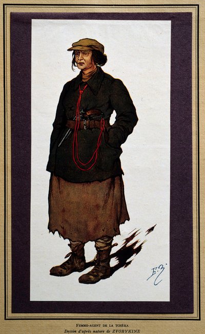 Rusia: agente femenina de la cheka revolucionaria rusa. Dibujo de Boris Zvorykine (1872-1935) de Boris Vasilievich Zvorykin