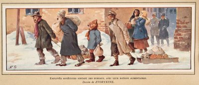 Trabajadores soviéticos saliendo de la oficina con sus raciones de comida, de Histoire des Soviets, pub. 1922 de Boris Vasilievich Zvorykin
