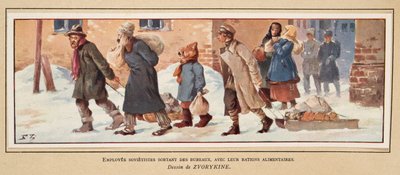 Trabajadores soviéticos saliendo de la oficina con sus raciones de comida, de Histoire des Soviets, pub. 1922 de Boris Vasilievich Zvorykin