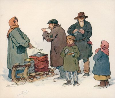 Mujer vendiendo sopa caliente en la calle en la Rusia Soviética de Boris Vasilievich Zvorykin