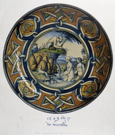 Acteón sorprendiendo a Artemisa (Diana) en el baño - en "Collection of Italian faiences of the XV, XVI and XVIIIth centuries", diseñado por C. Delange y C. Borneman, ed. Delange, París de Bornemann Bornemann