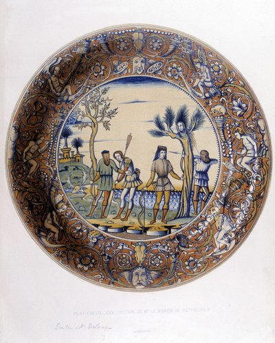 Dafne transformada en laurel para escapar de Apolo en Colección de faiences italianas de los siglos XV, XVI y XVIII, diseñada por C. Delange y C. Borneman, ed. Delange, París de Bornemann Bornemann