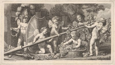 Seis putti jugando con las armas de Marte, cuatro sosteniendo una gran lanza de Bossi