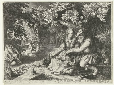 La muerte y Cupido se disparan flechas y el anciano corteja a la joven de Boëtius Adamsz. Bolswert