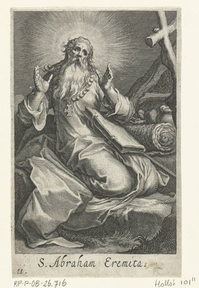 San Abraham de Edesa como ermitaño S. Abraham Eremita (título sobre objeto) Ermitaños (título de la serie) Sacra eremvs ascetarvm (título de la serie) de Boëtius Adamsz. Bolswert
