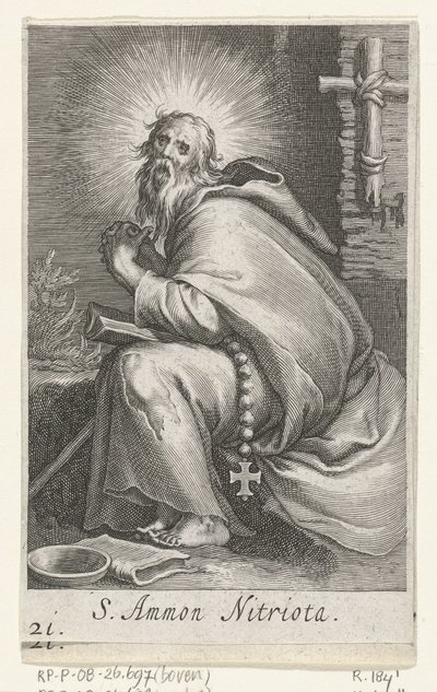 San Amonio el Grande como ermitaño S. Ammon Nitriota (título sobre el objeto) Ermitaños (título de la serie) Sacra eremvs ascetarvm (título de la serie) de Boëtius Adamsz. Bolswert
