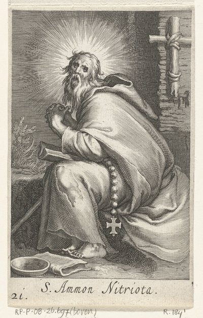 San Amonio el Grande como ermitaño S. Ammon Nitriota (título sobre el objeto) Ermitaños (título de la serie) Sacra eremvs ascetarvm (título de la serie) de Boëtius Adamsz. Bolswert