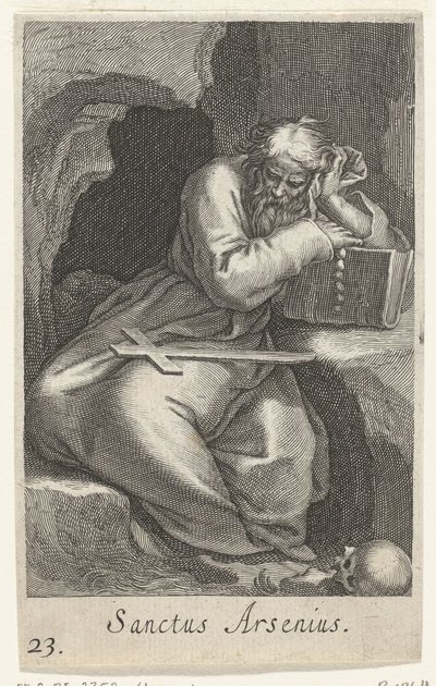 San Arsenio el Grande como ermitaño Sanctus Arsenio (título sobre el objeto) Ermitaños (título de la serie) Sacra eremvs ascetarvm (título de la serie) de Boëtius Adamsz. Bolswert