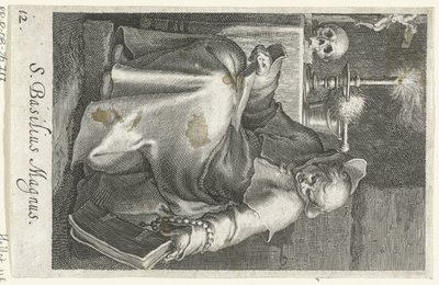 San Basilio el Grande como ermitaño S. Basilius Magnus (título sobre el objeto) Ermitaños (título de la serie) Sacra eremvs ascetarvm (título de la serie) de Boëtius Adamsz. Bolswert