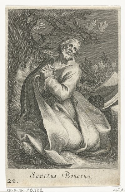 San Bonosus como ermitaño Sanctus Bonosus (título sobre el objeto) Ermitaños (título de la serie) Sacra eremvs ascetarvm (título de la serie) de Boëtius Adamsz. Bolswert