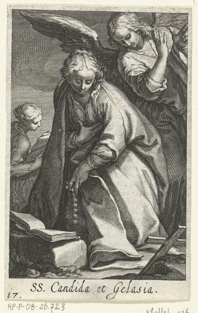Santa Cándida y Santa Gelasia como ermitañas con ángel SS. Candida et Gelasia (título sobre objeto) Hermitesses (título de la serie) Sacra Eremus Ascetriarum (título de la serie) de Boëtius Adamsz. Bolswert