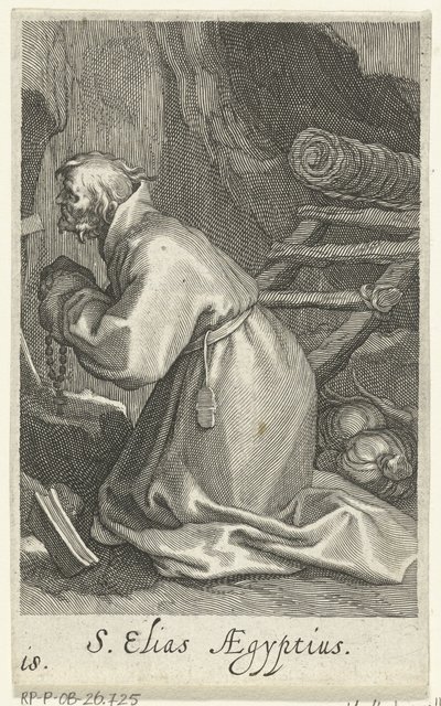 San Elías de Cesarea como ermitaño S. Elias Aegyptius (título sobre objeto) Ermitaños (título de la serie) Sacra eremvs ascetarvm (título de la serie) de Boëtius Adamsz. Bolswert