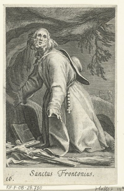 Santo Frontonio de Egipto como Ermitaño Sanctus Frontonius (título sobre el objeto) Ermitaños (título de la serie) Sacra eremvs ascetarvm (título de la serie) de Boëtius Adamsz. Bolswert