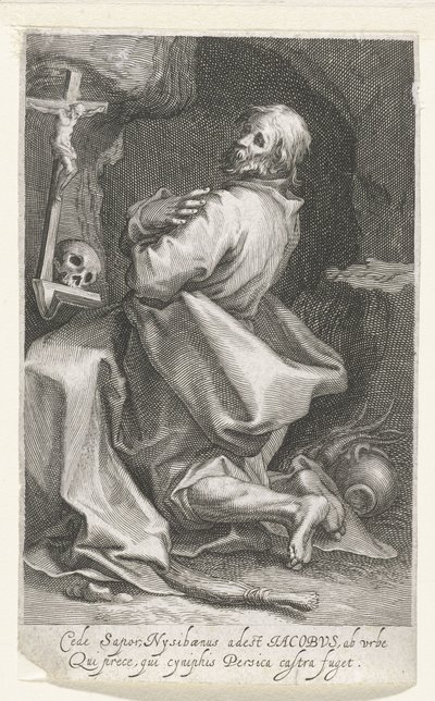 Heilige Jacobus van Nisibis como kluizenaar Cede sapor Nysibaenus (...) Persica huye del campamento (título sobre objeto) Kluizenaars (título de la serie) En el espejo sagrado (...) da alas a los padres (título de la serie) de Boëtius Adamsz. Bolswert