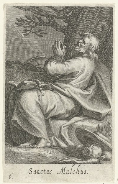 San Malco de Calcis como ermitaño Sanctus Malchus (título sobre el objeto) Ermitaños (título de la serie) Sacra eremvs ascetarvm (título de la serie) de Boëtius Adamsz. Bolswert