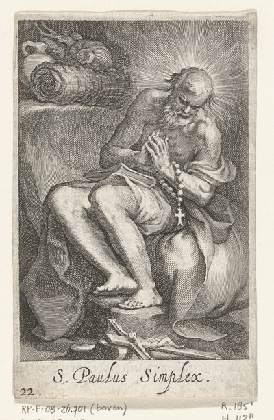 San Pablo de Egipto como ermitaño S. Paulus Simplex (título sobre el objeto) Ermitaños (título de la serie) Sacra eremvs ascetarvm (título de la serie) de Boëtius Adamsz. Bolswert