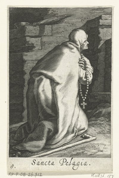 Santa Pelagia de Antioquía como Hermitess Sancta Pelagia (título sobre el objeto) Hermitesses (título de la serie) Sacra Eremus Ascetriarum (título de la serie) de Boëtius Adamsz. Bolswert
