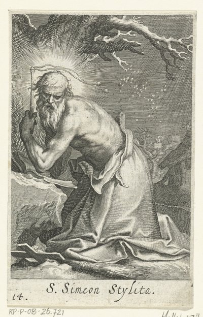 San Simeón Estilita el Viejo como Ermitaño S. Simeon Stylita (título sobre objeto) Ermitaños (título de la serie) Sacra eremvs ascetarvm (título de la serie) de Boëtius Adamsz. Bolswert