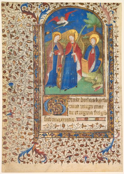 Hoja de un libro de horas: Santa Genoveva, Catalina de Alejandría y Margarita recto..., c. 1415 de Boucicaut Master
