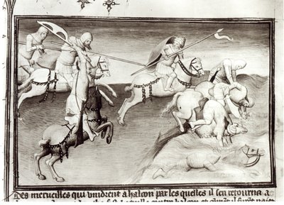 El líder mongol, Hulagu, khan del Ilkhanato persigue a su primo, Berke, khan de la Horda de Oro en 1262, forzándolo a un río, del Libro de las Maravillas del Mundo, c.1410- de Boucicaut Master