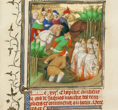 Los Caballeros Templarios quemados en presencia de Felipe el Hermoso y sus cortesanos, ca. 1413-1415 de Boucicaut Master,