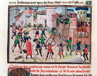 El asedio de Jerusalén por los cristianos durante una de las Cruzadas, de Chroniques des empereurs de David Aubert, 1462 de Brabant School