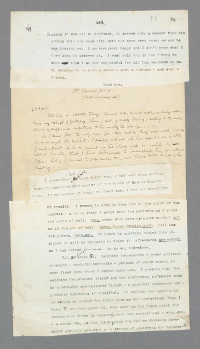 Página 93, Capítulo 5, Parte del diario fonográfico del Dr. Seward describiendo a su paciente, Renfield, del manuscrito original mecanografiado de 