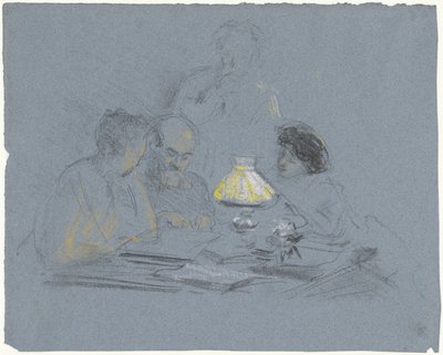 A. Grandmont y tres figuras, leyendo a la luz de la lámpara de Bramine Hubrecht