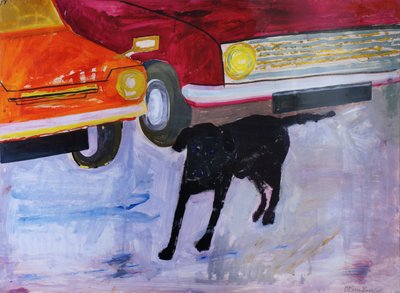 Perro en el lote de autos usados, Rex con coche rojo de Brenda Brin Booker