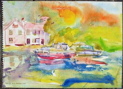 Pub junto al río con barcos de Brenda Brin Booker