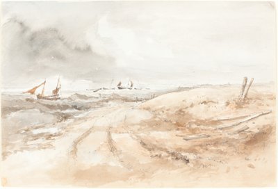 Escena costera con barcos en agua agitada de British 19th Century