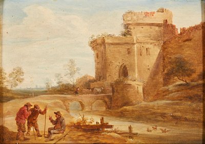 Paisaje clásico con figuras y animales en un camino de British School