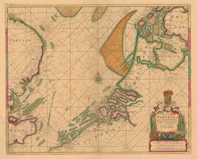 Carta del Mar del Norte desde South Foreland hasta Burnham Flatts, y desde Callis hasta Schelling Isle, c.1700 (grabado coloreado) de British School