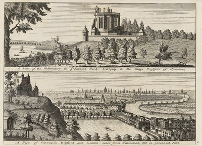 Vista del Observatorio en Greenwich Park... [y] Vista de Deptford y Londres tomada desde Flamsteed Hill en Greenwich Park", c.1750 (grabado) de British School