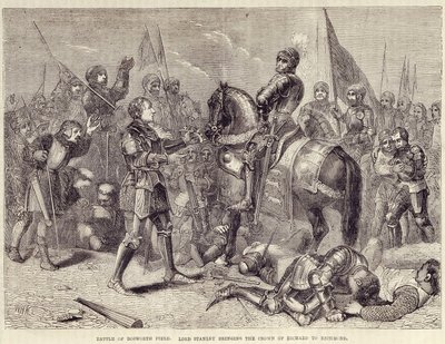 Batalla del campo de Bosworth. Lord Stanley llevando la corona de Ricardo III a Richmond (1485): fin de la Guerra de las Dos Rosas - en "Cassell