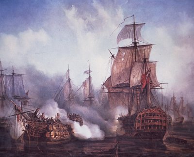 Batalla de Trafalgar en 1805 (litografía en color) de British School