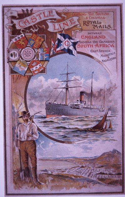 Folleto de la Castle Line con la lista de pasajeros del Tantallon Castle que navega de Ciudad del Cabo a Londres en 1898 (litografía en color) de British School