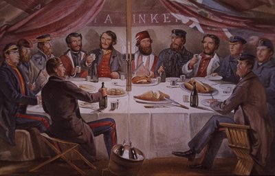 Cena de Navidad durante la Guerra de Crimea, oficiales británicos y aliados antes de Sebastopol de British School