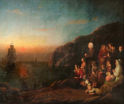 Salida del "Mayflower" en 1620 (óleo sobre lienzo) de British School