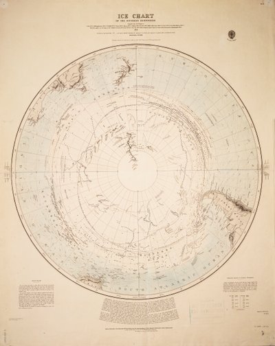 Carta de hielos del hemisferio sur recopilada de los viajes de Cook 1772-5, Bellingshausen 1819-21... y Shackleton 1908-9 de British School
