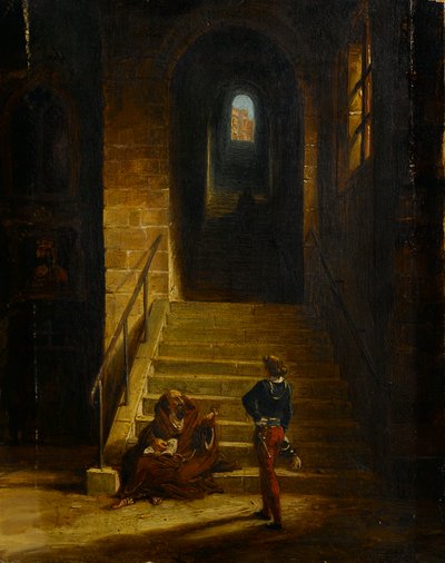 Interior de un castillo, con un monje sentado, c.1850 (óleo sobre lienzo) de British School