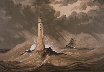 El faro advierte a los barcos de las rocas en una tormenta en el mar (litografía en color) de British School