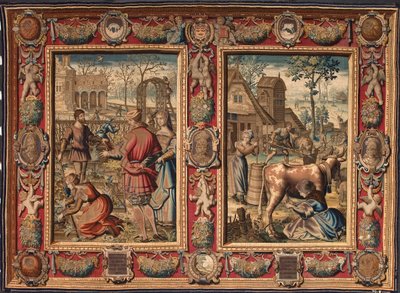 Marzo y Abril: "labores agrícolas y ordeño de vacas" Tapiz de las manufacturas de Mortlake. Siglo XVII Genes, Musei di Strada Nuova de British School