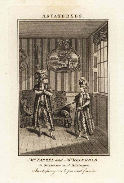 Sra. Margaret Farrel y Sr. Charles Frederick Reinhold en traje persa como Artajerjes y Artabanes en la ópera Artajerjes de Thomas Arne de British School
