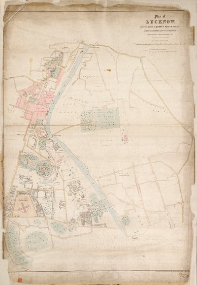 Plano de Lucknow, trazado a partir de un reconocimiento realizado en 1856, por el teniente Moorsom, 52º. Teniente de Infantería. (Presentado por el capitán Moorsom, C.E.), c.1856 (seda, papel) de British School