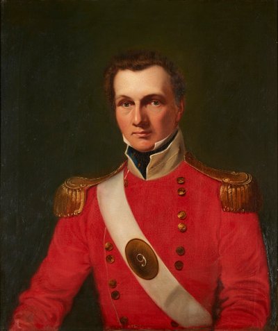 Retrato de un caballero con chaqueta militar roja (óleo sobre lienzo) de British School