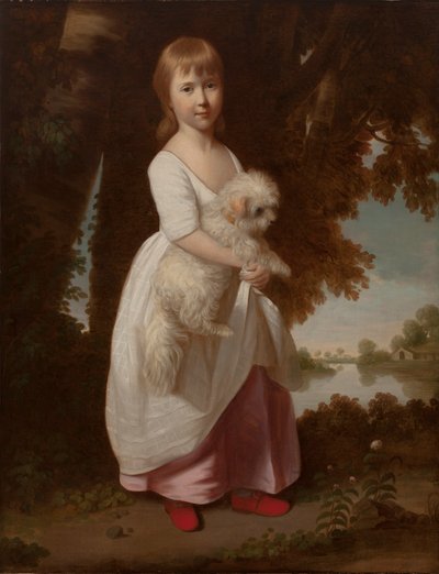 Retrato de una niña sosteniendo un Spaniel maltés de British School