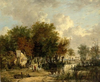 Escena de río, niño conduciendo ovejas (óleo sobre madera) de British School